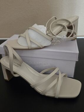 TOP Moda Cream Strappy Mid Block Heel Sandals